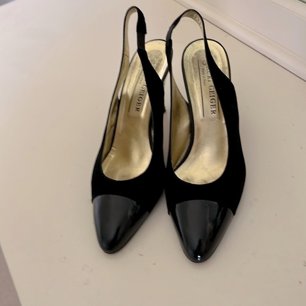 Vintage Kurt Geiger Black Slingback Heels with Patent Toe Cap, 39.5 EU